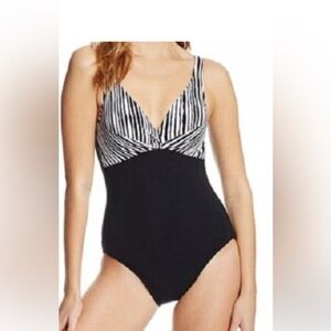 Profile By Gottex Swimsuit Womens 8 Black White One Piece V-Neck Underwire